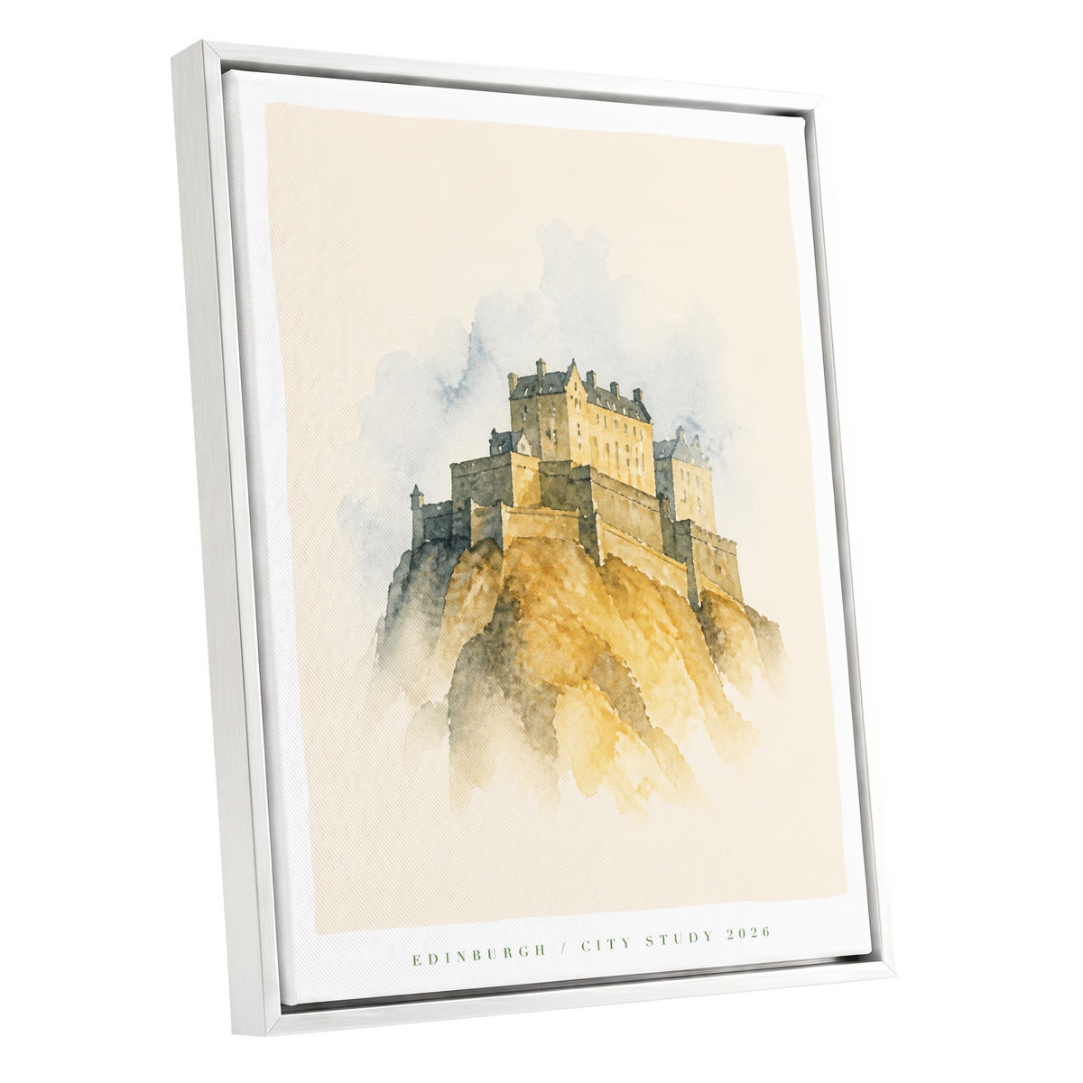 Edinburgh Above the Mist, beige, gold, gray minimalist wall art shown as a white framed canvas wall art