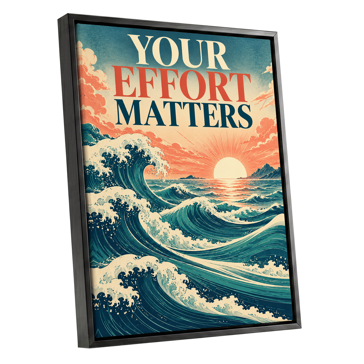 Effort in Every Wave, blue, beige, orange nature wall art shown as a black framed canvas wall art