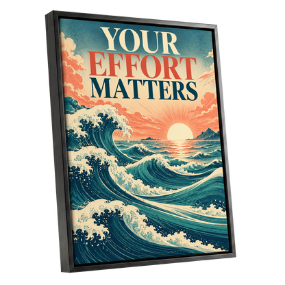 Effort in Every Wave, blue, beige, orange nature wall art shown as a black framed canvas wall art