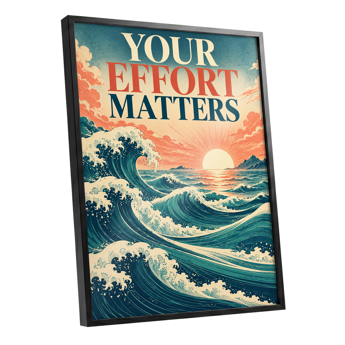 Effort in Every Wave, blue, beige, orange nature wall art shown as a black framed poster wall art print