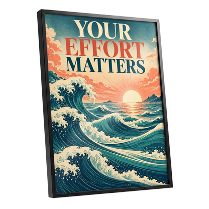 Effort in Every Wave, blue, beige, orange nature wall art shown as a black framed poster wall art print
