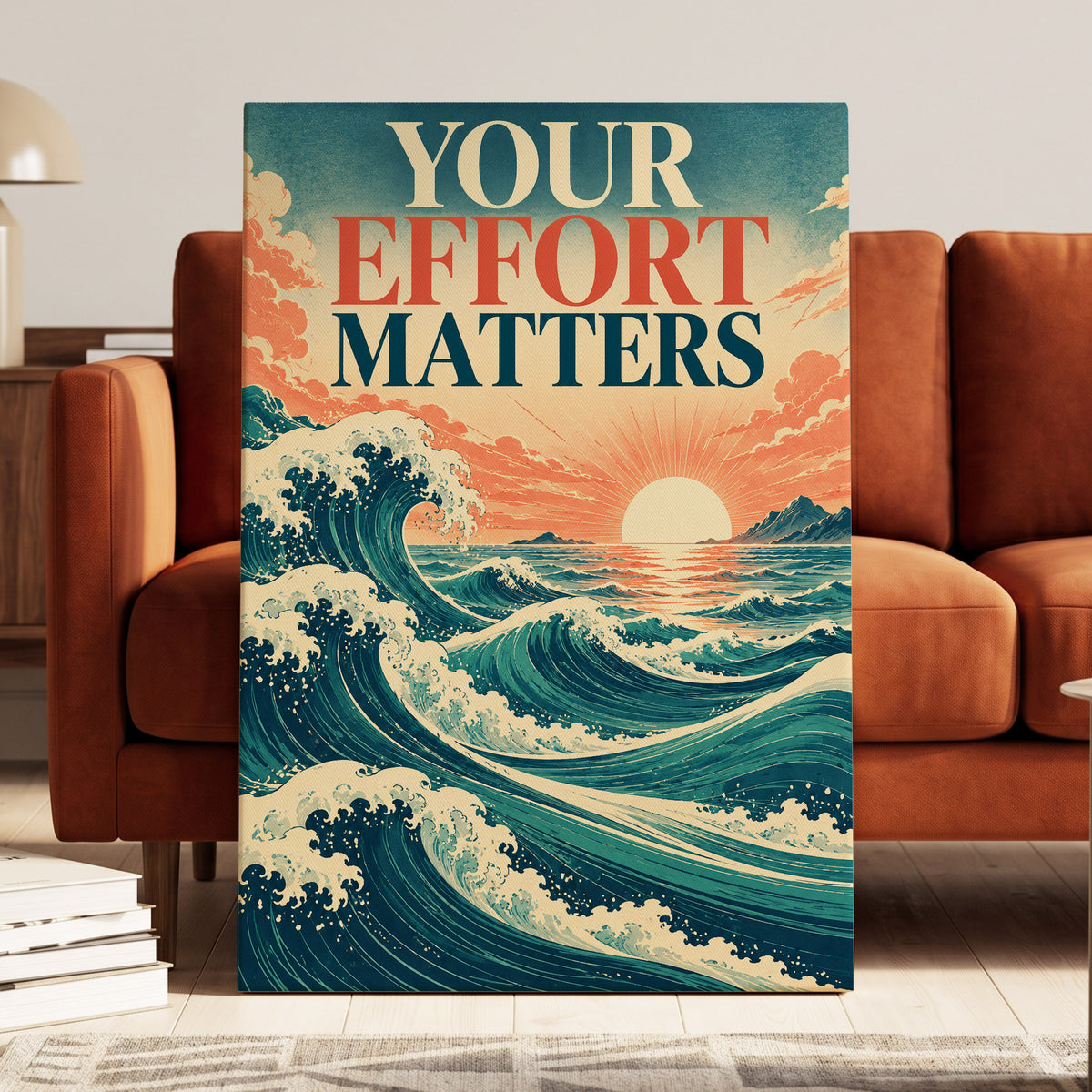 Effort in Every Wave, blue, beige, orange nature wall art on canvas displayed in a styled interior, gallery view 1