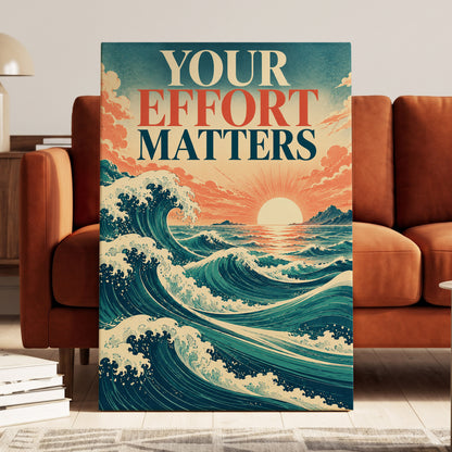 Effort in Every Wave, blue, beige, orange nature wall art on canvas displayed in a styled interior, gallery view 1