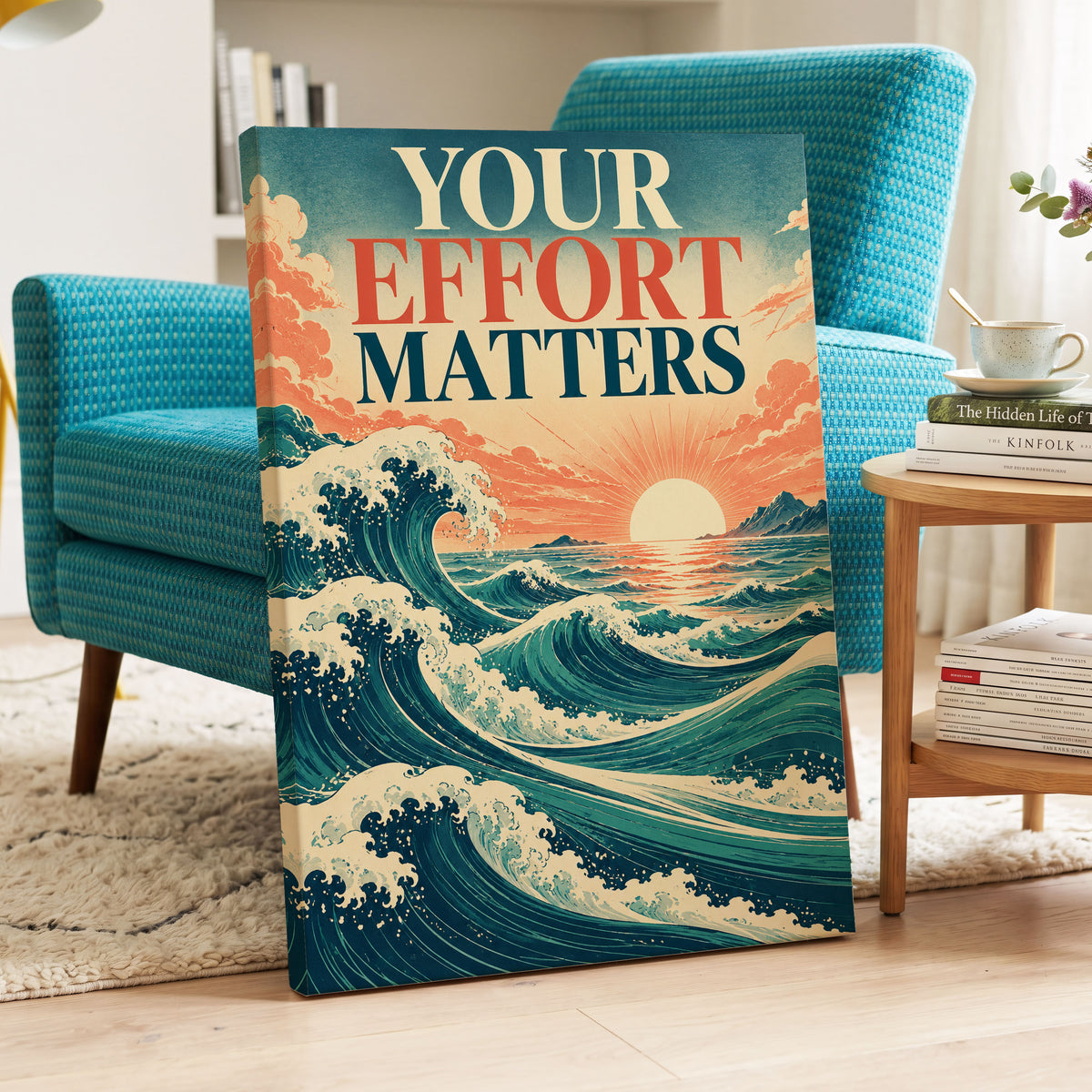 Effort in Every Wave, blue, beige, orange nature wall art on canvas displayed in a styled interior, gallery view 2
