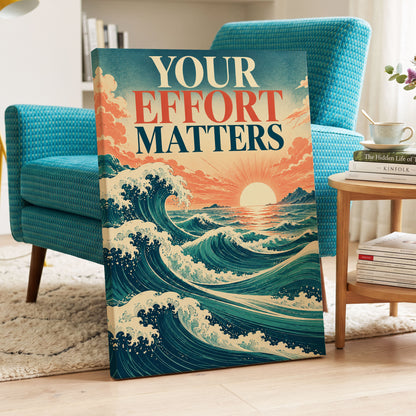 Effort in Every Wave, blue, beige, orange nature wall art on canvas displayed in a styled interior, gallery view 2