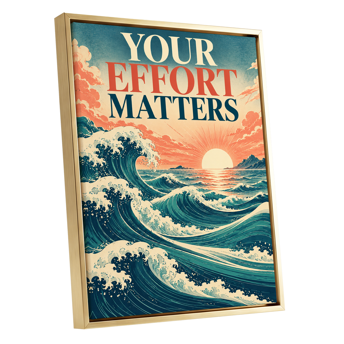 Effort in Every Wave, blue, beige, orange nature wall art shown as a gold framed canvas wall art