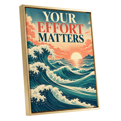 Effort in Every Wave, blue, beige, orange nature wall art shown as a gold framed canvas wall art