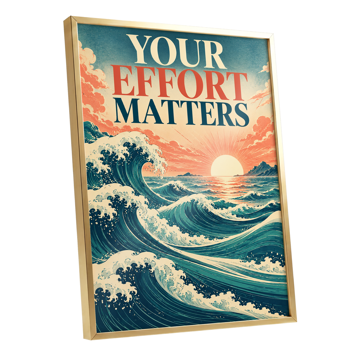 Effort in Every Wave, blue, beige, orange nature wall art shown as a gold framed poster wall art print
