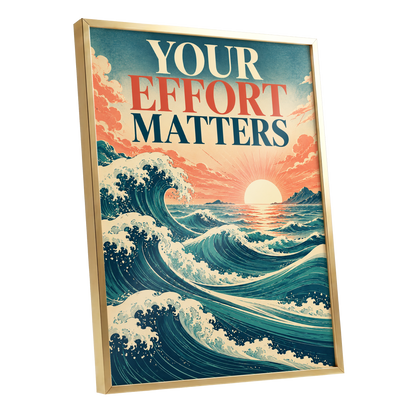 Effort in Every Wave, blue, beige, orange nature wall art shown as a gold framed poster wall art print