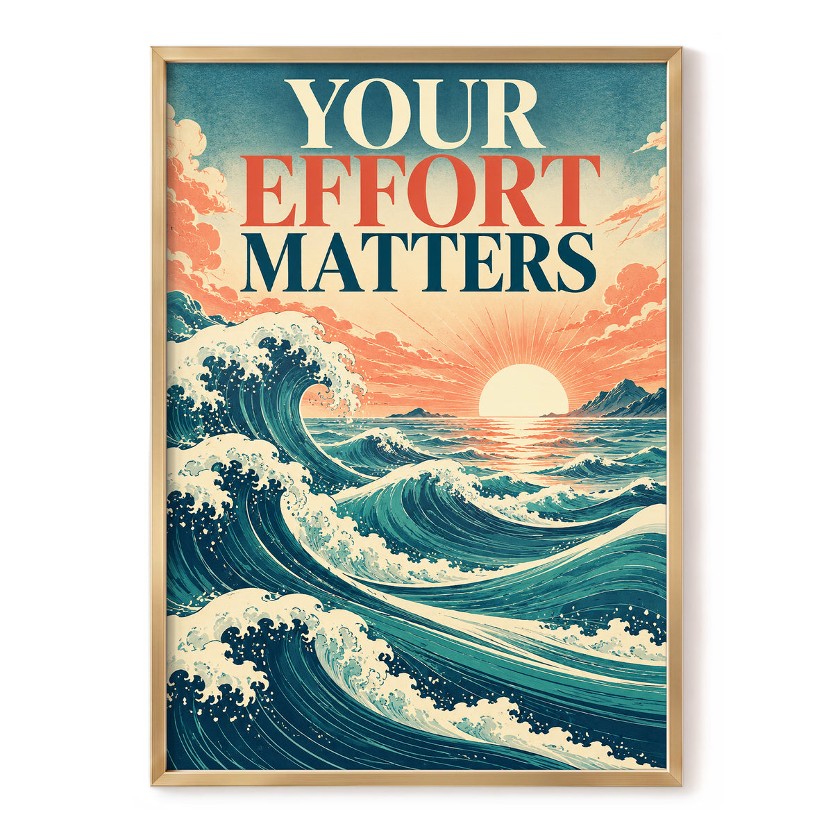 Effort in Every Wave, blue, beige, orange nature wall art, front artwork view