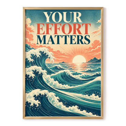 Effort in Every Wave, blue, beige, orange nature wall art, front artwork view