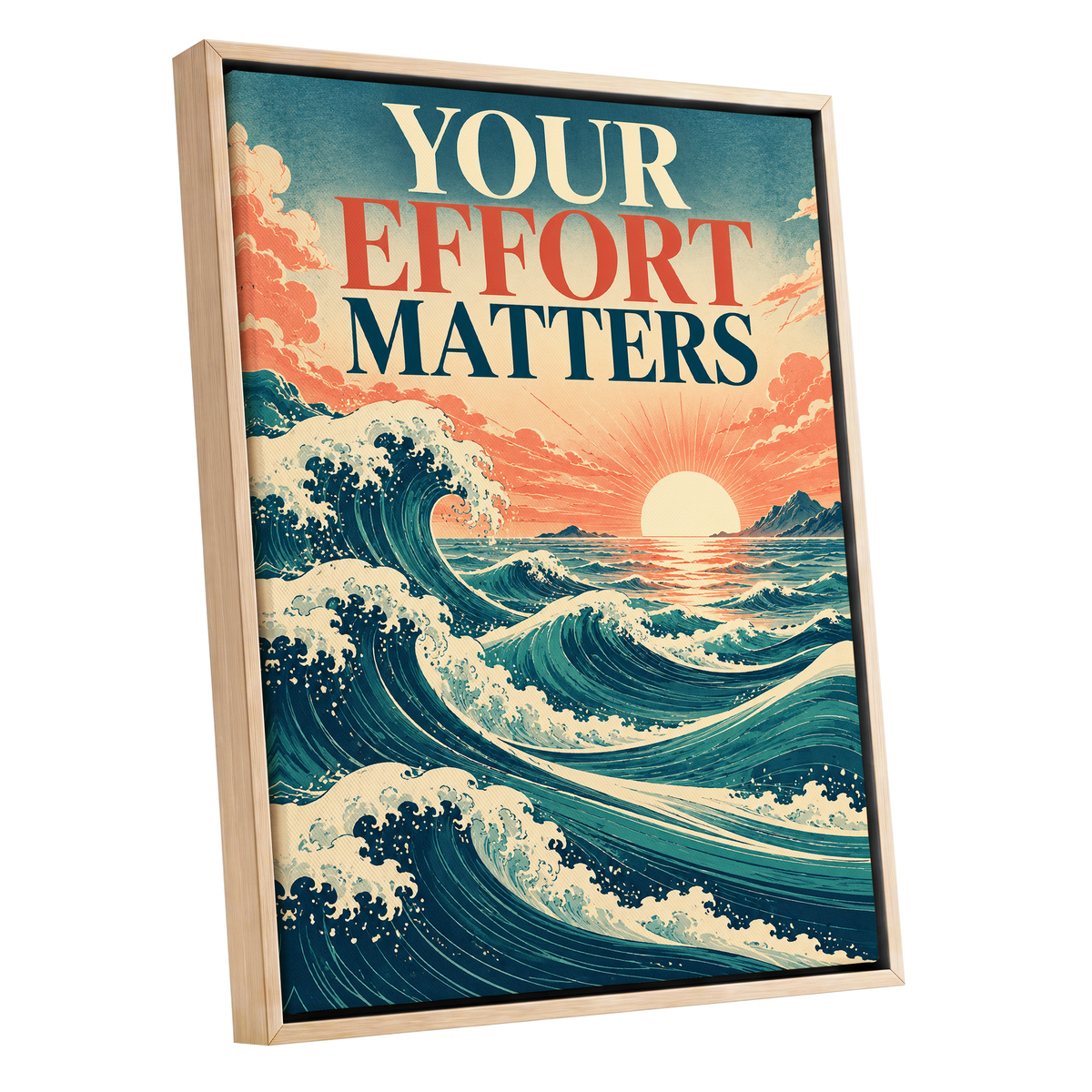 Effort in Every Wave, blue, beige, orange nature wall art shown as a oak framed canvas wall art