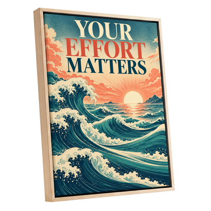 Effort in Every Wave, blue, beige, orange nature wall art shown as a oak framed canvas wall art