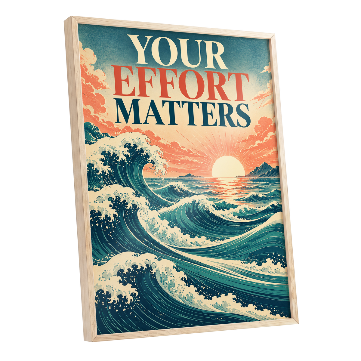Effort in Every Wave, blue, beige, orange nature wall art shown as a oak framed poster wall art print