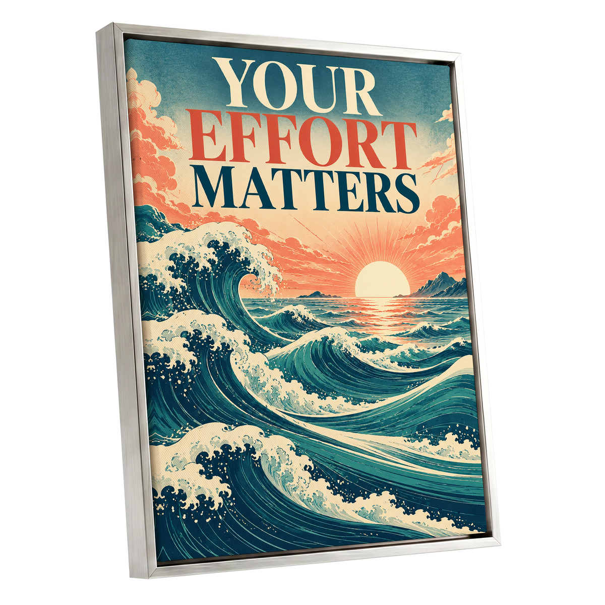 Effort in Every Wave, blue, beige, orange nature wall art shown as a silver framed canvas wall art