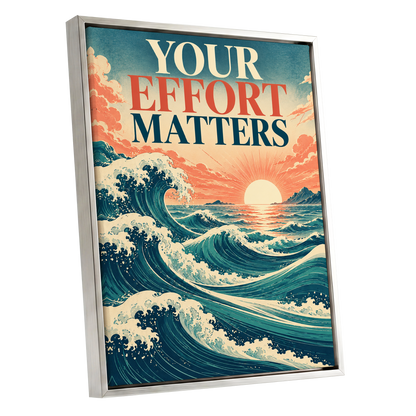 Effort in Every Wave, blue, beige, orange nature wall art shown as a silver framed canvas wall art
