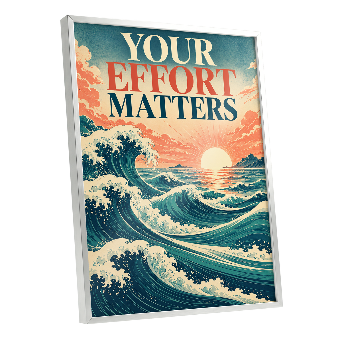Effort in Every Wave, blue, beige, orange nature wall art shown as a silver framed poster wall art print