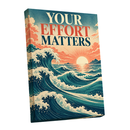 Effort in Every Wave, blue, beige, orange nature wall art shown as a stretched canvas wall art