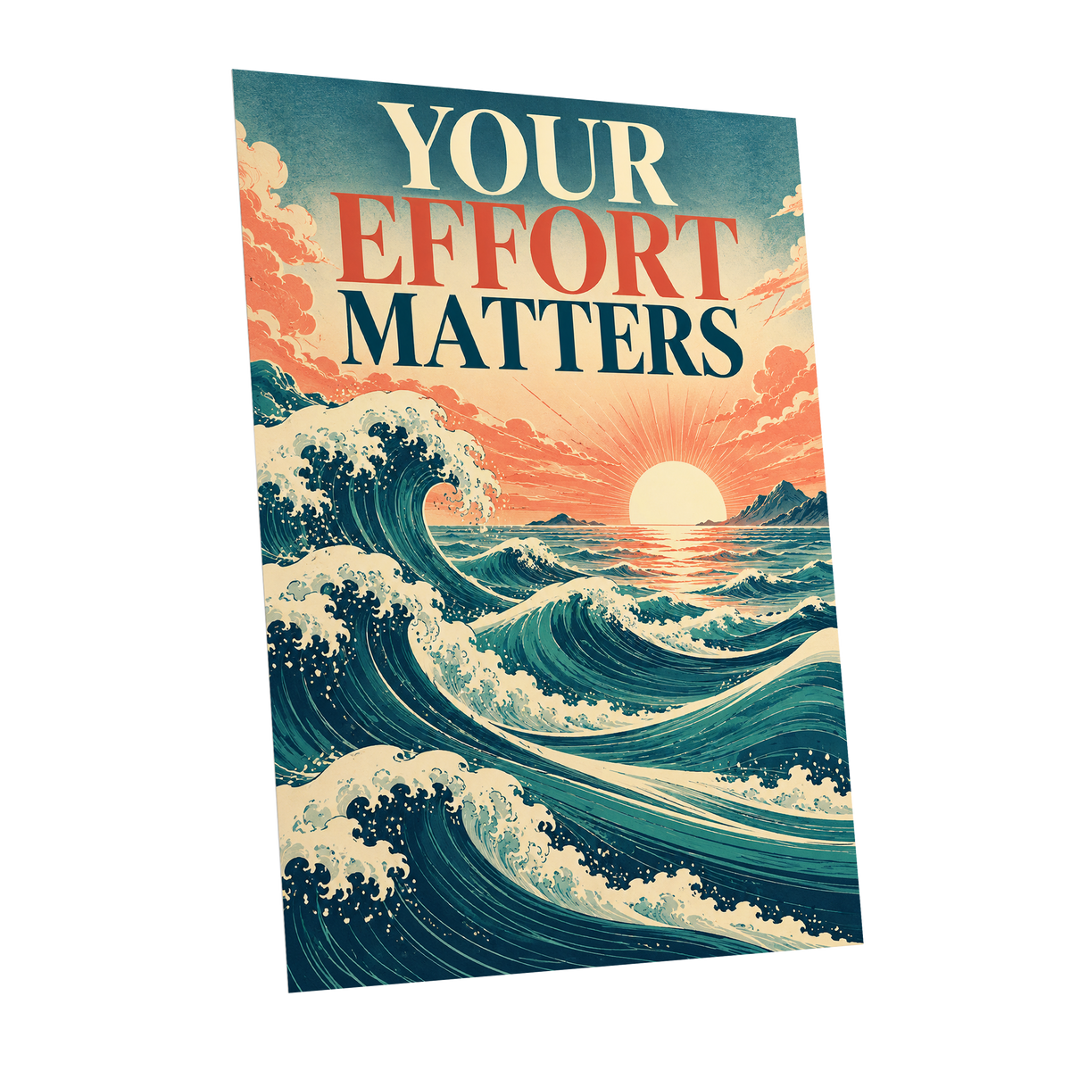 Effort in Every Wave, blue, beige, orange nature wall art shown as a unframed poster wall art print