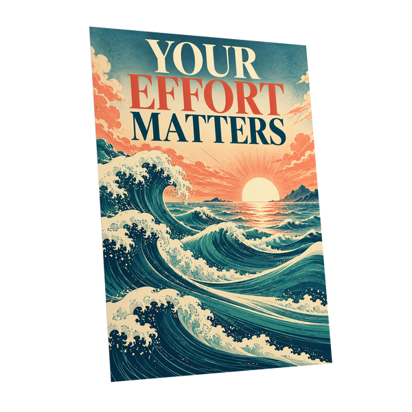 Effort in Every Wave, blue, beige, orange nature wall art shown as a unframed poster wall art print