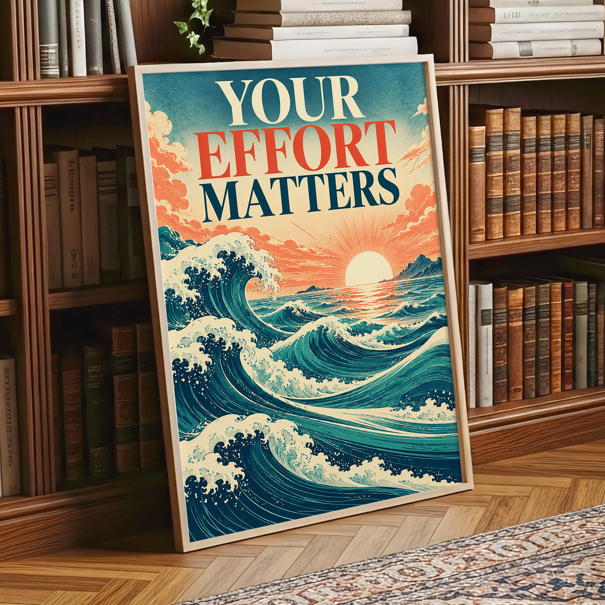 Effort in Every Wave, blue, beige, orange nature wall art displayed in a styled interior, gallery view 1