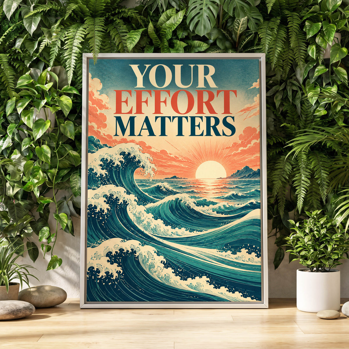 Effort in Every Wave, blue, beige, orange nature wall art displayed in a styled interior, gallery view 2