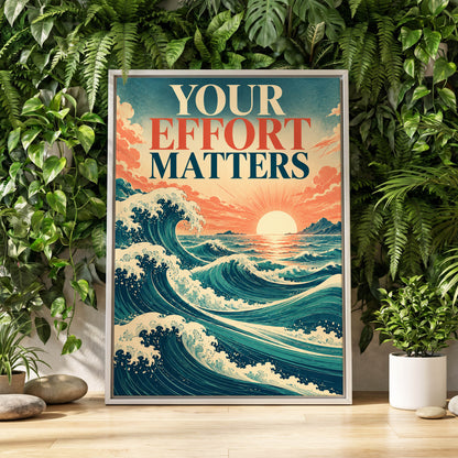 Effort in Every Wave, blue, beige, orange nature wall art displayed in a styled interior, gallery view 2
