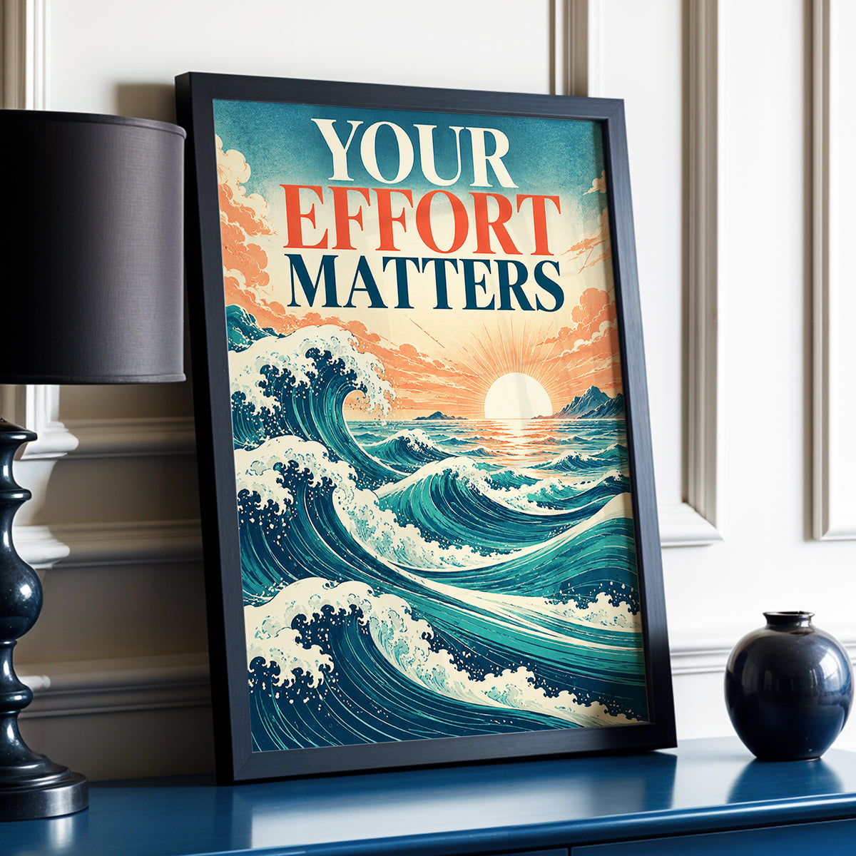 Effort in Every Wave, blue, beige, orange nature wall art displayed in a styled interior, gallery view 3