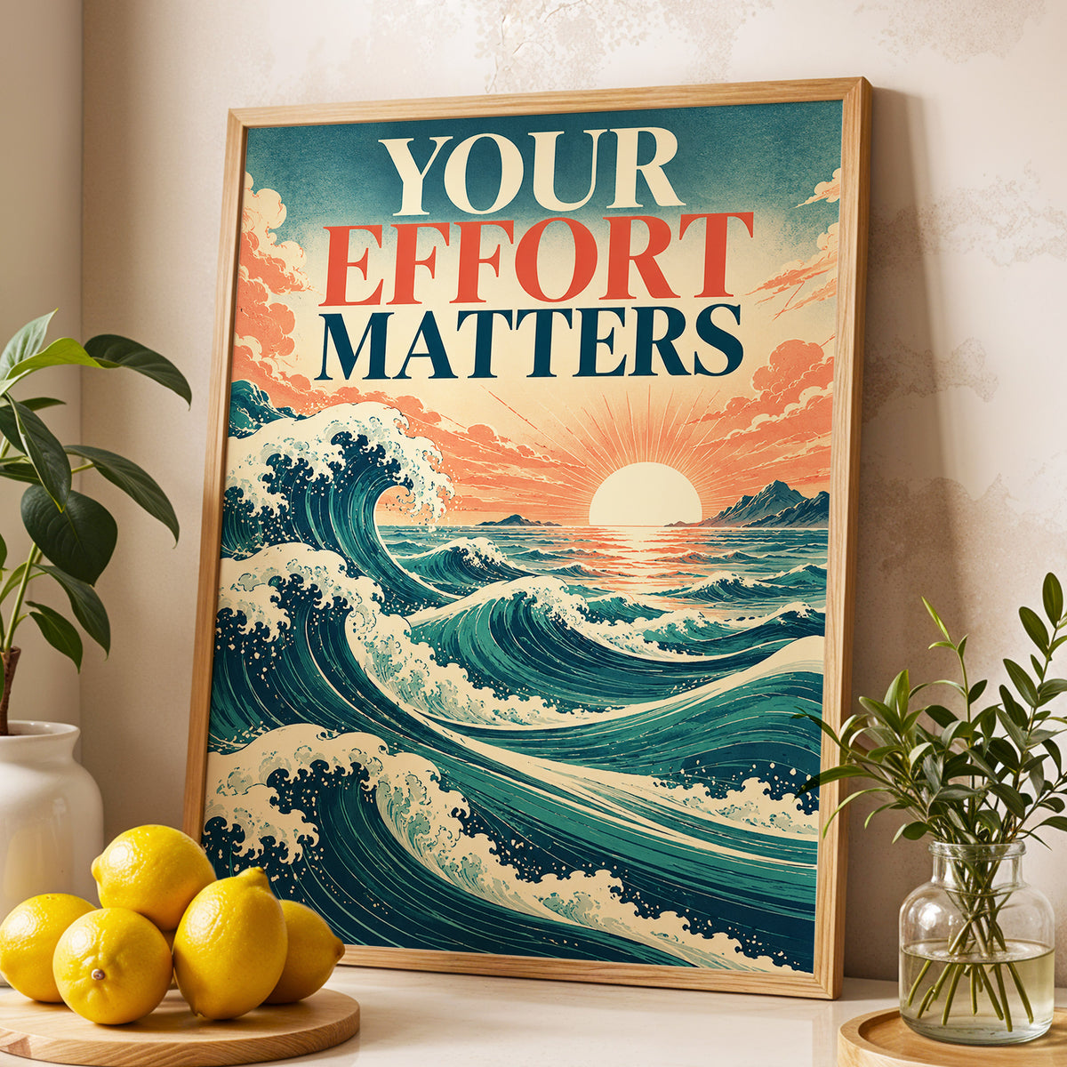 Effort in Every Wave, blue, beige, orange nature wall art displayed in a styled interior, gallery view 4
