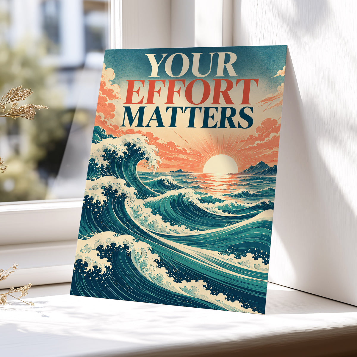 Effort in Every Wave, blue, beige, orange nature wall art displayed in a styled interior, gallery view 5