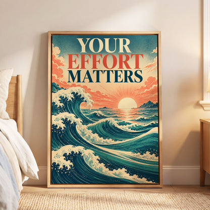 Effort in Every Wave, blue, beige, orange nature wall art displayed in a styled interior, gallery view 6