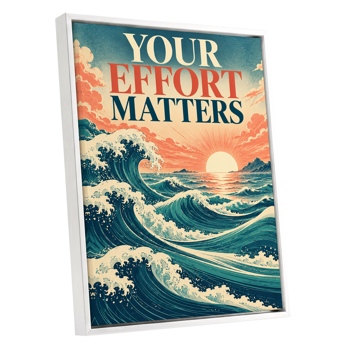 Effort in Every Wave, blue, beige, orange nature wall art shown as a white framed canvas wall art