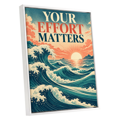 Effort in Every Wave, blue, beige, orange nature wall art shown as a white framed canvas wall art