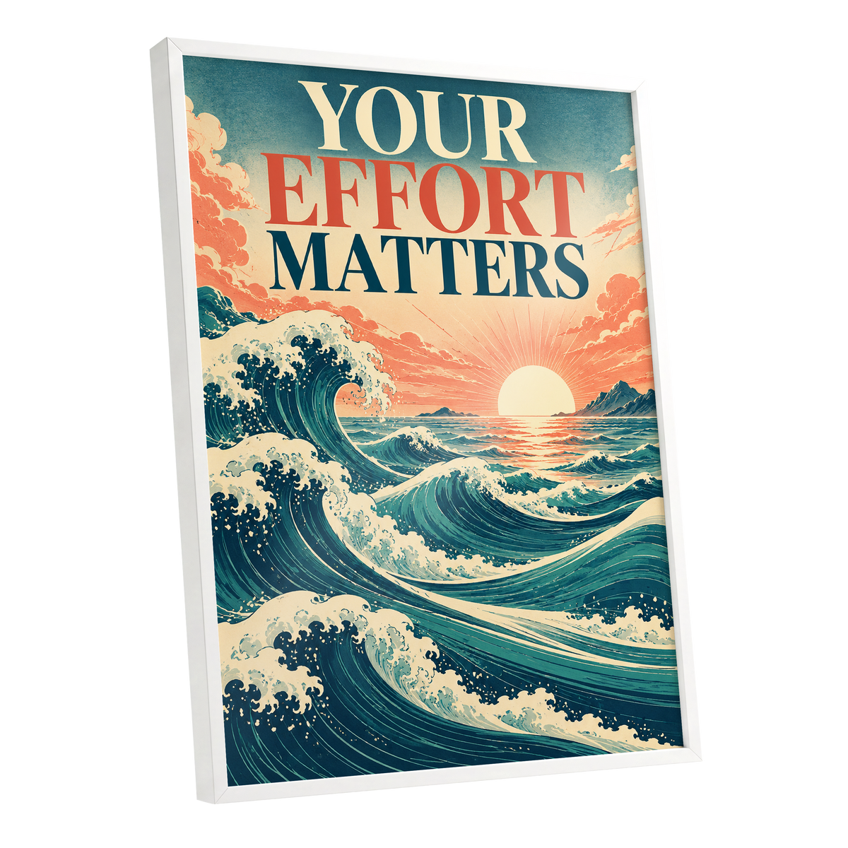 Effort in Every Wave, blue, beige, orange nature wall art shown as a white framed poster wall art print