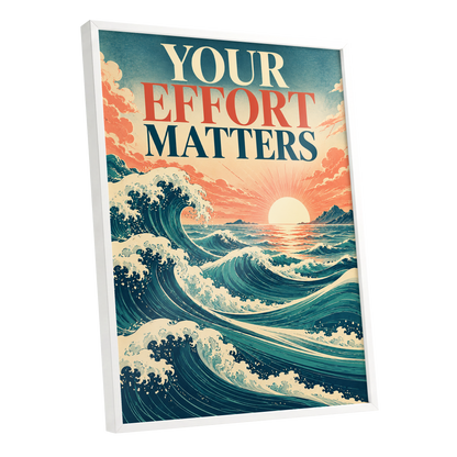 Effort in Every Wave, blue, beige, orange nature wall art shown as a white framed poster wall art print