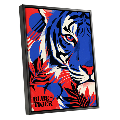 Electric Blue Tiger, blue, red, black nature wall art shown as a black framed canvas wall art