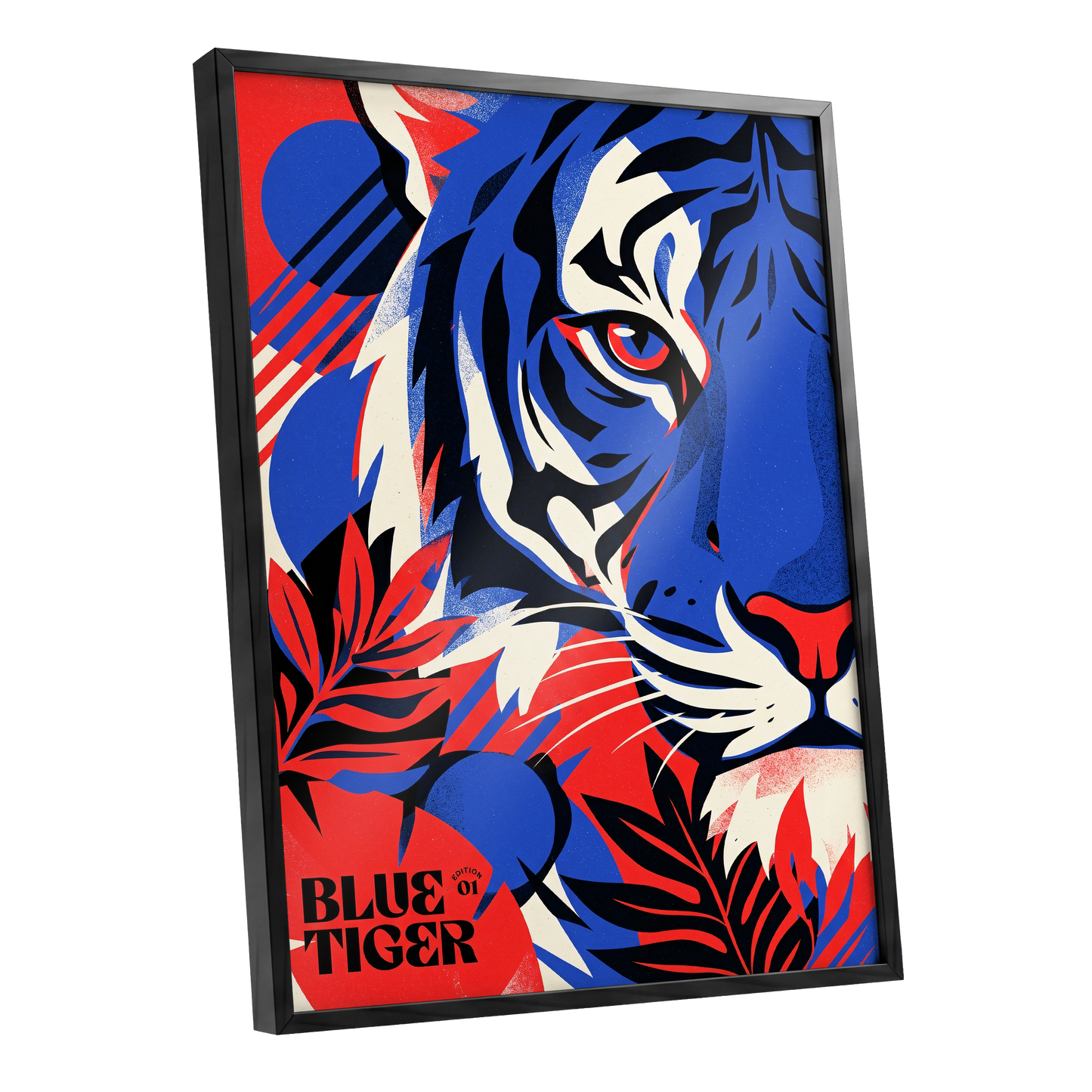 Electric Blue Tiger, blue, red, black nature wall art shown as a black framed poster wall art print
