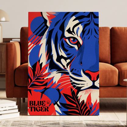 Electric Blue Tiger, blue, red, black nature wall art on canvas displayed in a styled interior, gallery view 1