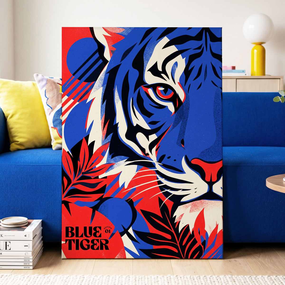 Electric Blue Tiger, blue, red, black nature wall art on canvas displayed in a styled interior, gallery view 2