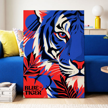 Electric Blue Tiger, blue, red, black nature wall art on canvas displayed in a styled interior, gallery view 2