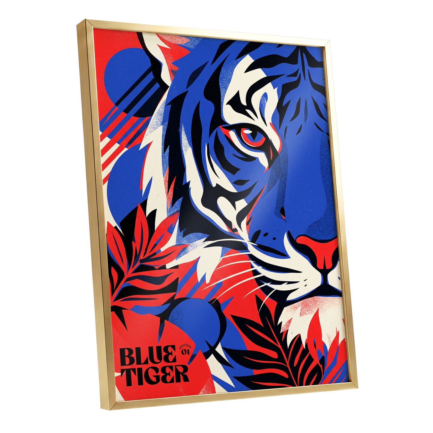 Electric Blue Tiger, blue, red, black nature wall art shown as a gold framed poster wall art print