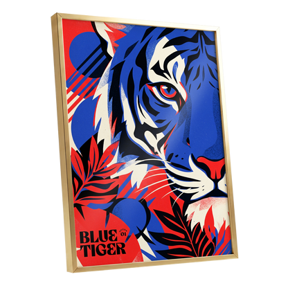 Electric Blue Tiger, blue, red, black nature wall art shown as a gold framed poster wall art print