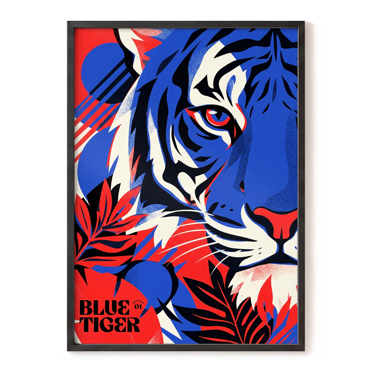 Electric Blue Tiger, blue, red, black nature wall art, front artwork view