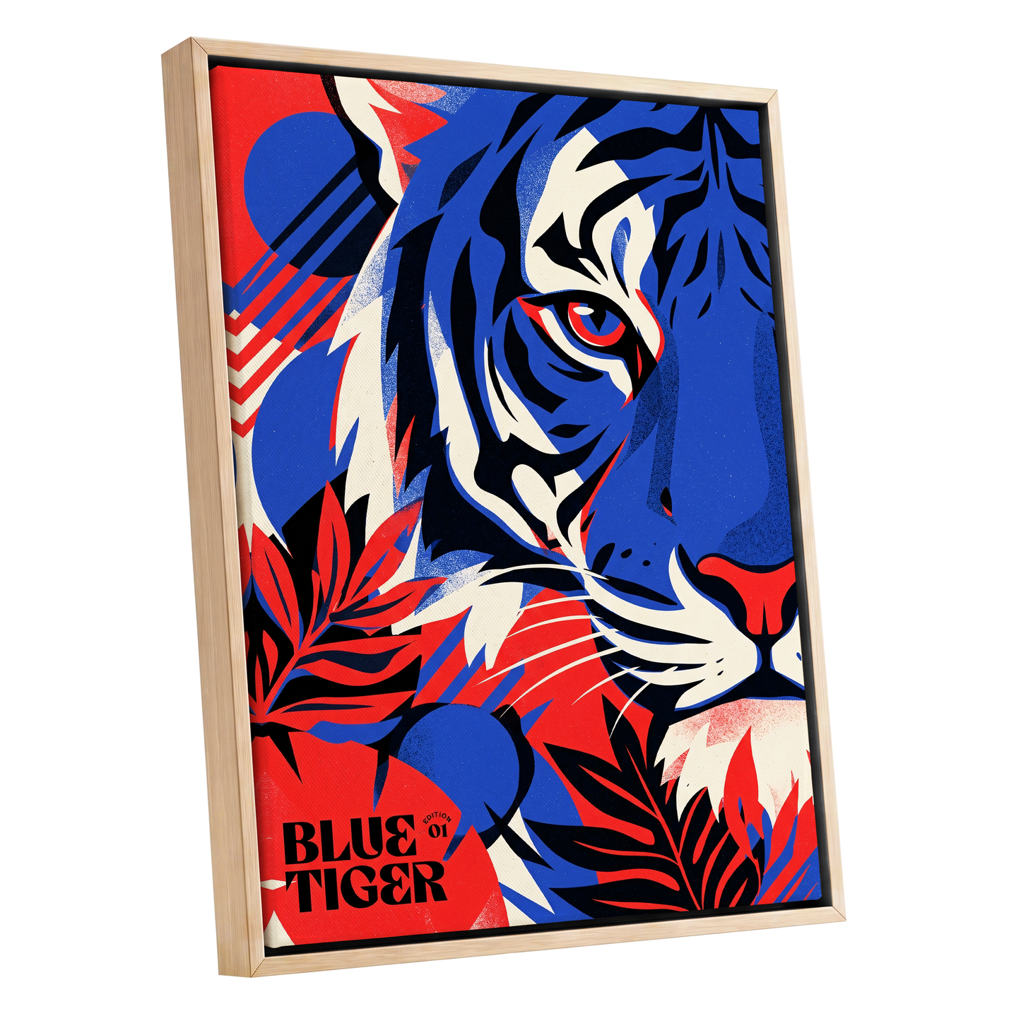 Electric Blue Tiger, blue, red, black nature wall art shown as a oak framed canvas wall art