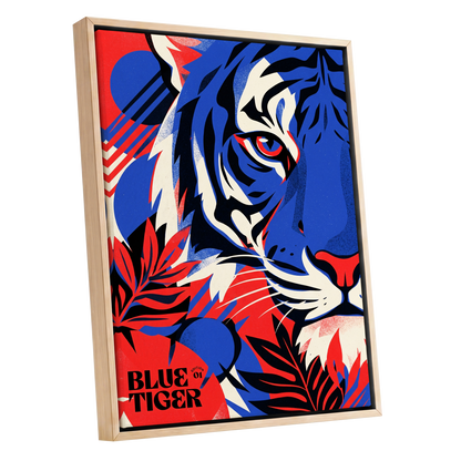Electric Blue Tiger, blue, red, black nature wall art shown as a oak framed canvas wall art