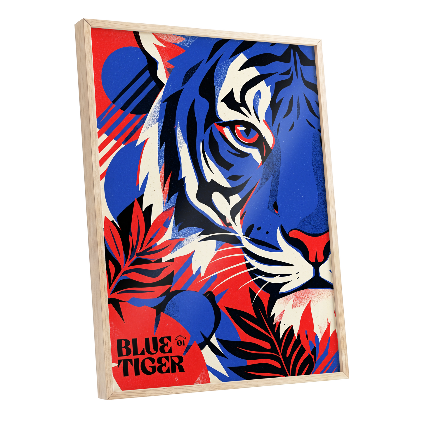 Electric Blue Tiger, blue, red, black nature wall art shown as a oak framed poster wall art print