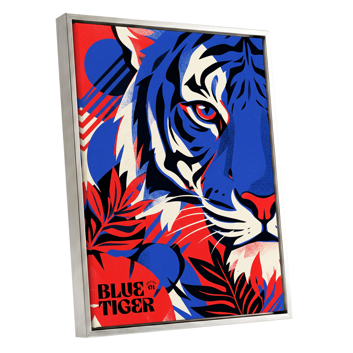 Electric Blue Tiger, blue, red, black nature wall art shown as a silver framed canvas wall art