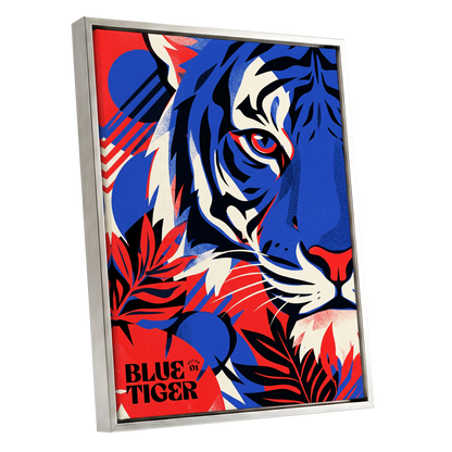 Electric Blue Tiger, blue, red, black nature wall art shown as a silver framed canvas wall art