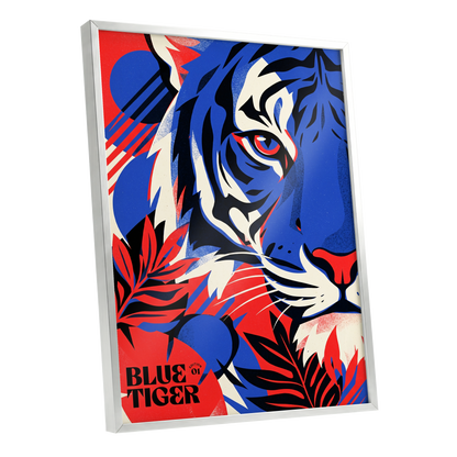 Electric Blue Tiger, blue, red, black nature wall art shown as a silver framed poster wall art print