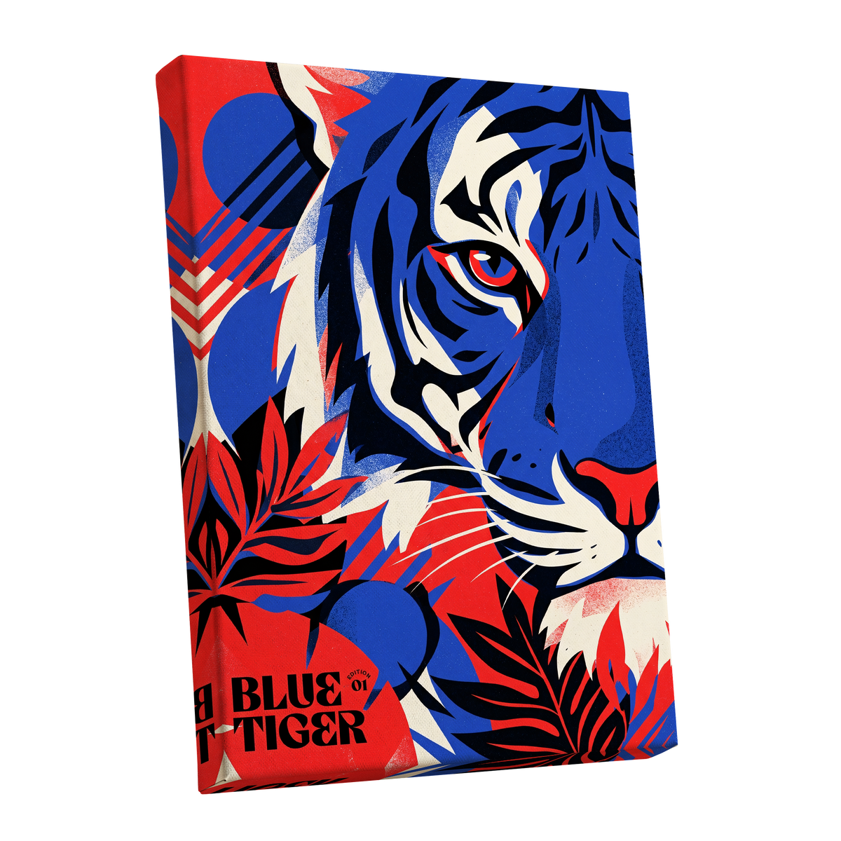 Electric Blue Tiger, blue, red, black nature wall art shown as a stretched canvas wall art